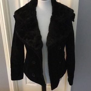 Zara Adorable Corduroy Fur Collar Thick Coat BLK